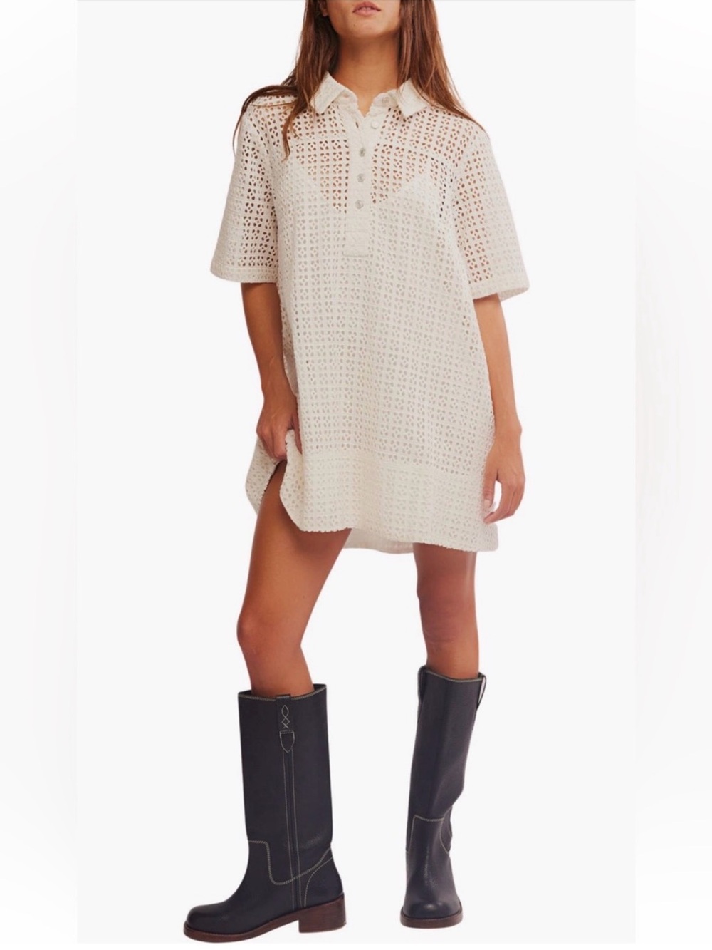 Free People Remino Eyelet Mini Dress White T Shirt Dress Size Medium